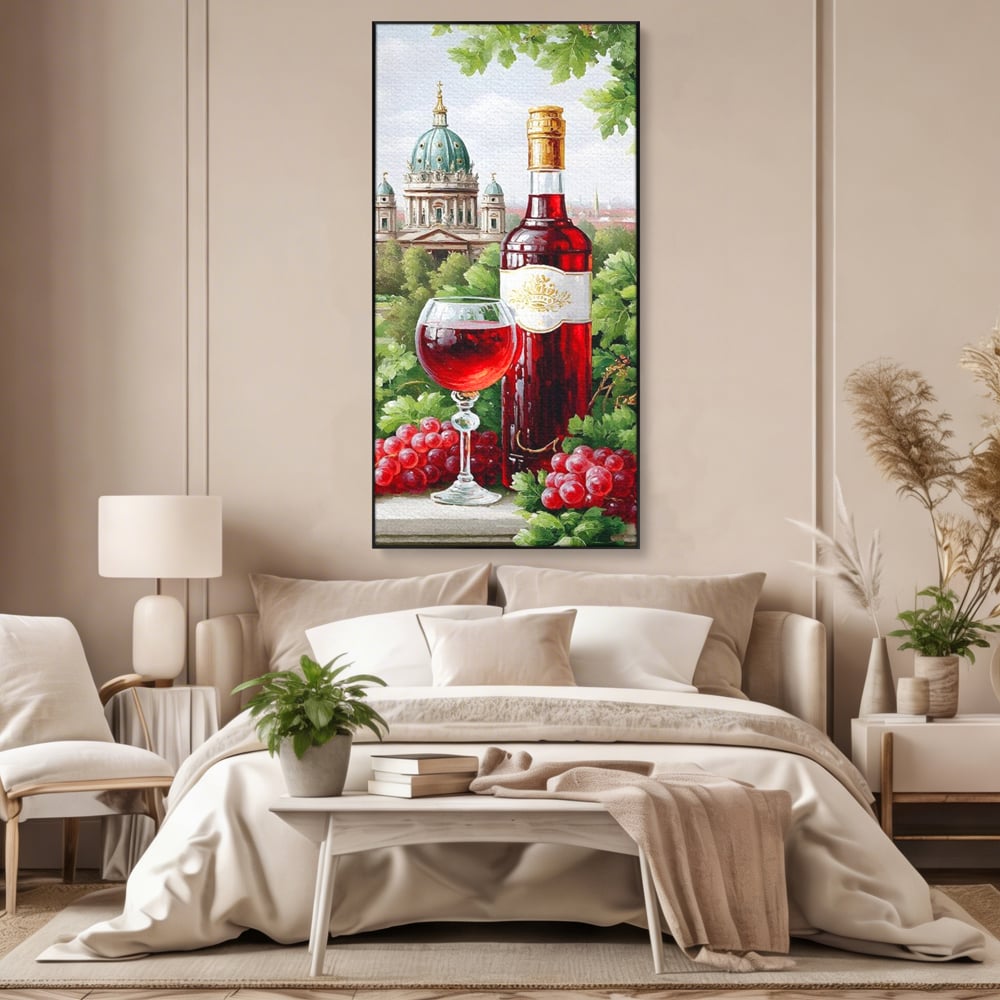 Tablou Canvas Premium, LuxCanva® N1145, De Vita Nobila, Vin Rosu, Sticla, Pahar, Struguri, Bautura, Cupola, Manastire, Vegetatie, Degustare, Pub, Bar, Lounge, Restaurant, Bucatarie