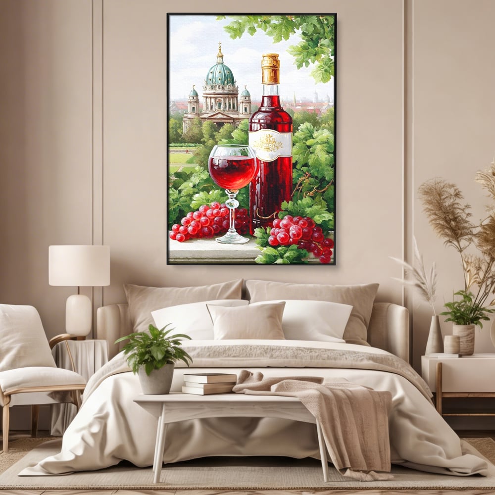 Tablou Canvas Premium, LuxCanva® N1145, De Vita Nobila, Vin Rosu, Sticla, Pahar, Struguri, Bautura, Cupola, Manastire, Vegetatie, Degustare, Pub, Bar, Lounge, Restaurant, Bucatarie