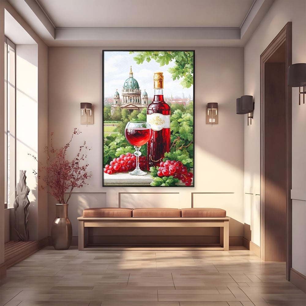 Tablou Canvas Premium, LuxCanva® N1145, De Vita Nobila, Vin Rosu, Sticla, Pahar, Struguri, Bautura, Cupola, Manastire, Vegetatie, Degustare, Pub, Bar, Lounge, Restaurant, Bucatarie