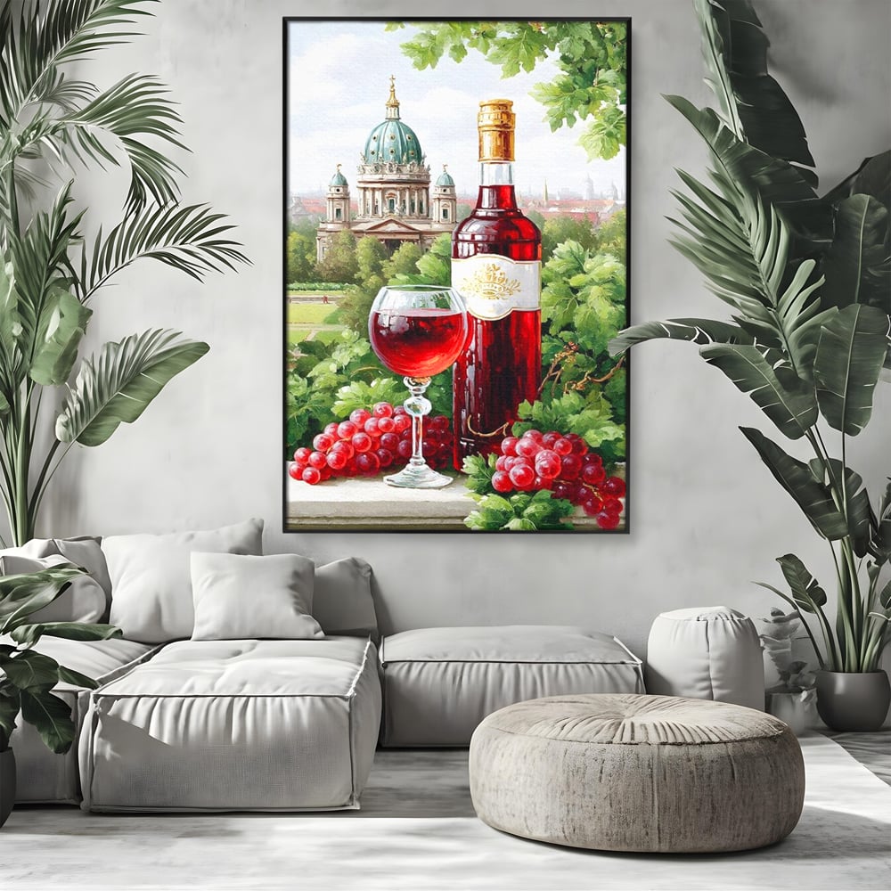Tablou Canvas Premium, LuxCanva® N1145, De Vita Nobila, Vin Rosu, Sticla, Pahar, Struguri, Bautura, Cupola, Manastire, Vegetatie, Degustare, Pub, Bar, Lounge, Restaurant, Bucatarie