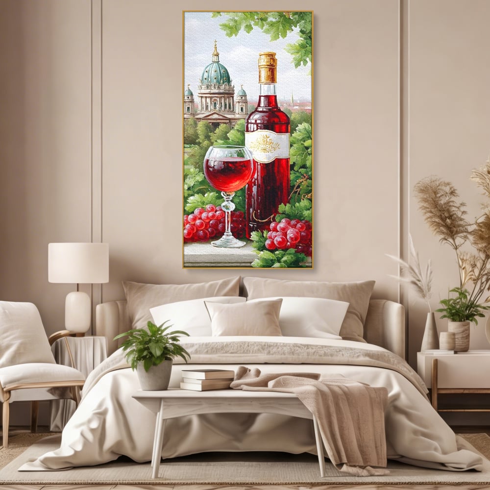 Tablou Canvas Premium, LuxCanva® N1145, De Vita Nobila, Vin Rosu, Sticla, Pahar, Struguri, Bautura, Cupola, Manastire, Vegetatie, Degustare, Pub, Bar, Lounge, Restaurant, Bucatarie