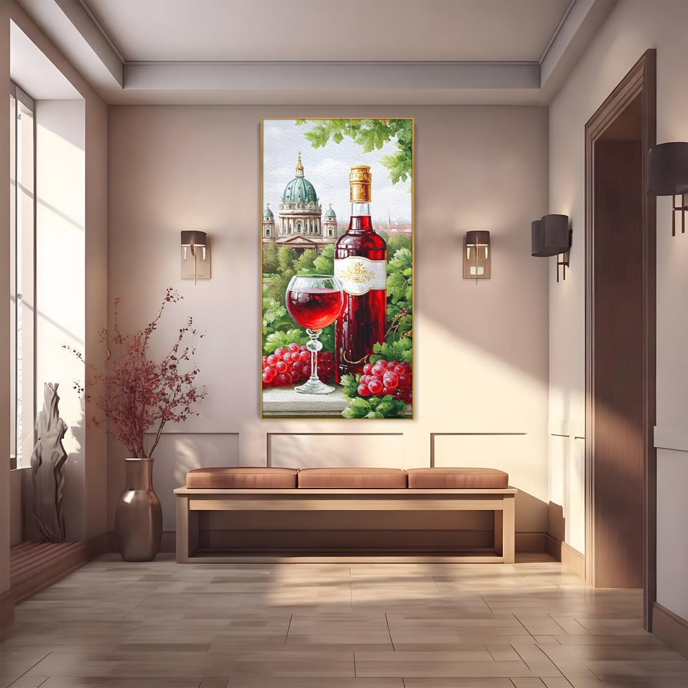 Tablou Canvas Premium, LuxCanva® N1145, De Vita Nobila, Vin Rosu, Sticla, Pahar, Struguri, Bautura, Cupola, Manastire, Vegetatie, Degustare, Pub, Bar, Lounge, Restaurant, Bucatarie