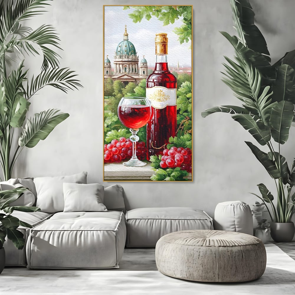 Tablou Canvas Premium, LuxCanva® N1145, De Vita Nobila, Vin Rosu, Sticla, Pahar, Struguri, Bautura, Cupola, Manastire, Vegetatie, Degustare, Pub, Bar, Lounge, Restaurant, Bucatarie