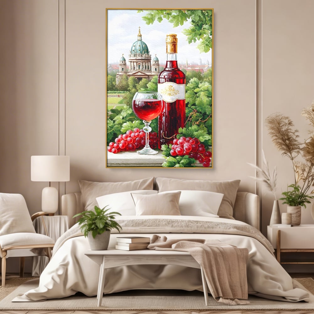 Tablou Canvas Premium, LuxCanva® N1145, De Vita Nobila, Vin Rosu, Sticla, Pahar, Struguri, Bautura, Cupola, Manastire, Vegetatie, Degustare, Pub, Bar, Lounge, Restaurant, Bucatarie