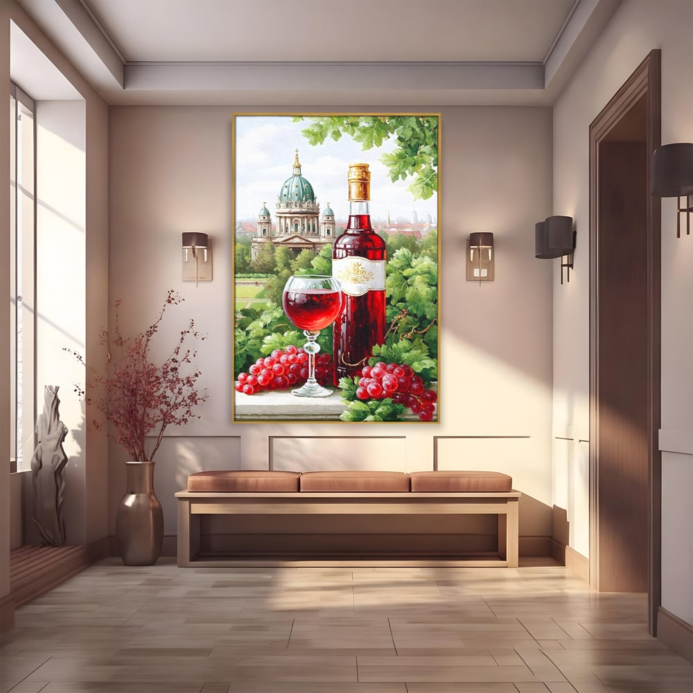 Tablou Canvas Premium, LuxCanva® N1145, De Vita Nobila, Vin Rosu, Sticla, Pahar, Struguri, Bautura, Cupola, Manastire, Vegetatie, Degustare, Pub, Bar, Lounge, Restaurant, Bucatarie