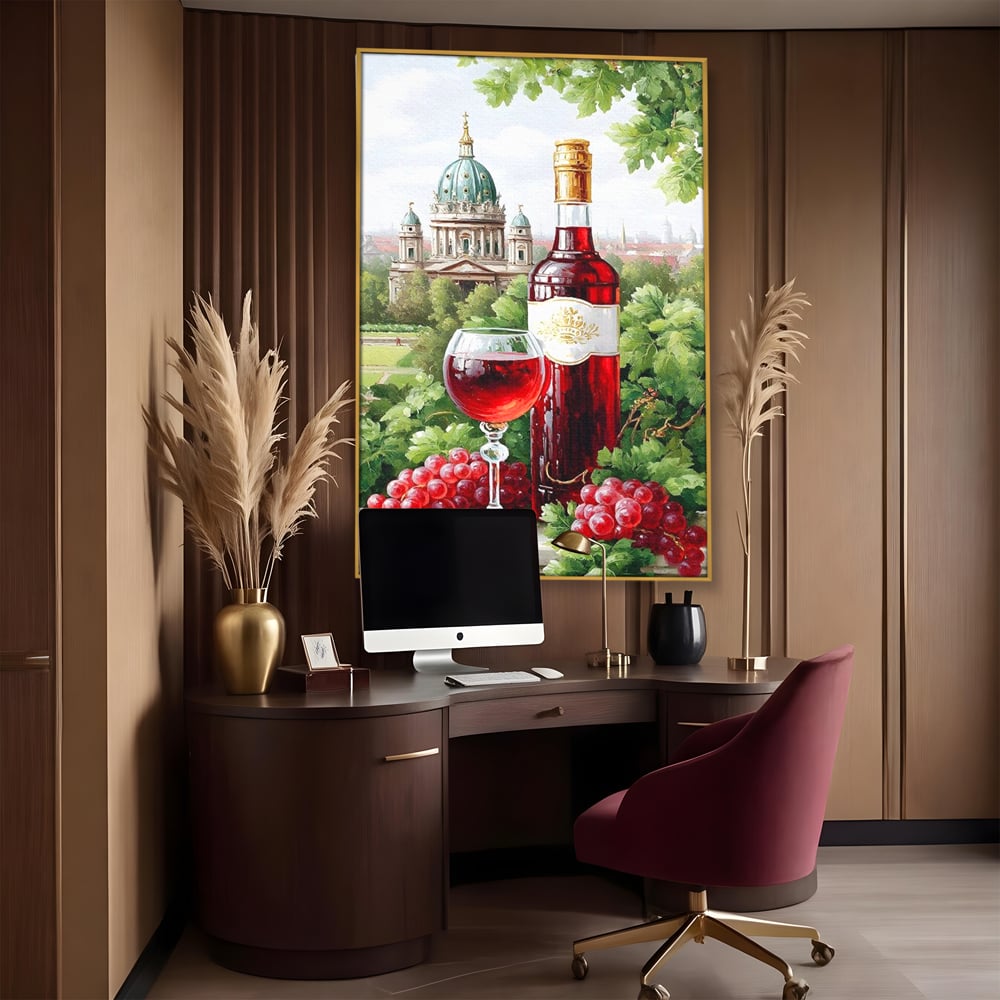 Tablou Canvas Premium, LuxCanva® N1145, De Vita Nobila, Vin Rosu, Sticla, Pahar, Struguri, Bautura, Cupola, Manastire, Vegetatie, Degustare, Pub, Bar, Lounge, Restaurant, Bucatarie
