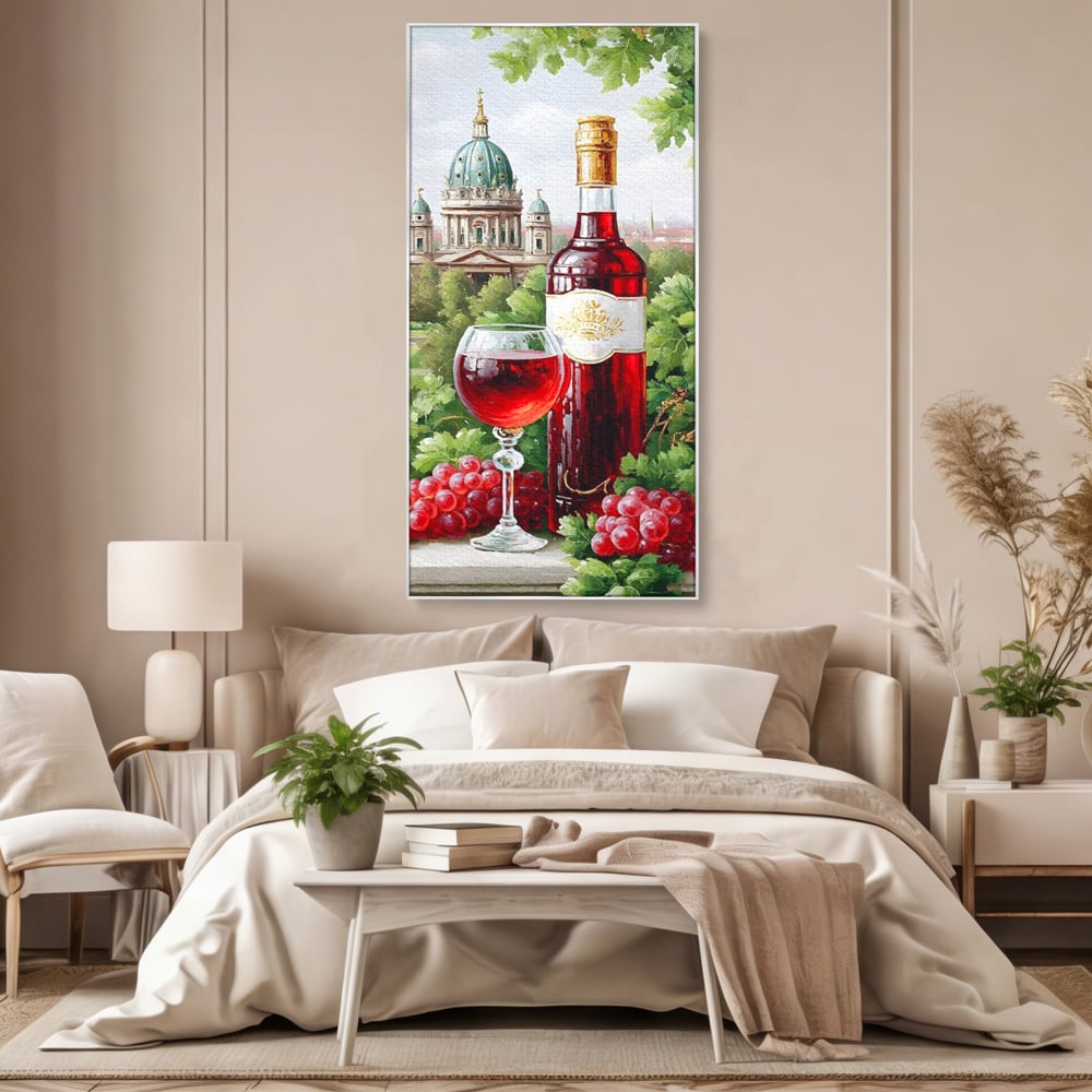 Tablou Canvas Premium, LuxCanva® N1145, De Vita Nobila, Vin Rosu, Sticla, Pahar, Struguri, Bautura, Cupola, Manastire, Vegetatie, Degustare, Pub, Bar, Lounge, Restaurant, Bucatarie