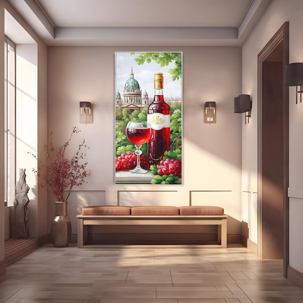 Tablou Canvas Premium, LuxCanva® N1145, De Vita Nobila, Vin Rosu, Sticla, Pahar, Struguri, Bautura, Cupola, Manastire, Vegetatie, Degustare, Pub, Bar, Lounge, Restaurant, Bucatarie