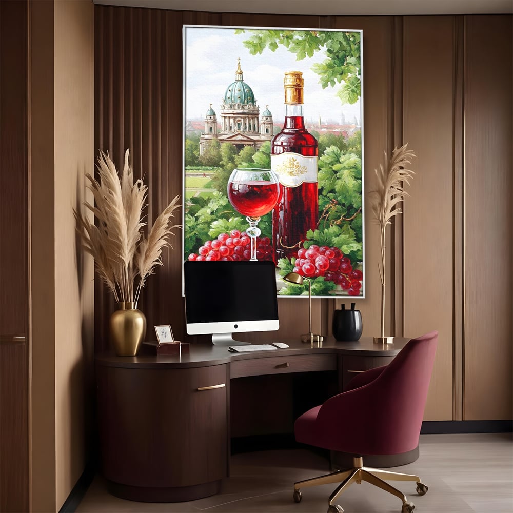Tablou Canvas Premium, LuxCanva® N1145, De Vita Nobila, Vin Rosu, Sticla, Pahar, Struguri, Bautura, Cupola, Manastire, Vegetatie, Degustare, Pub, Bar, Lounge, Restaurant, Bucatarie