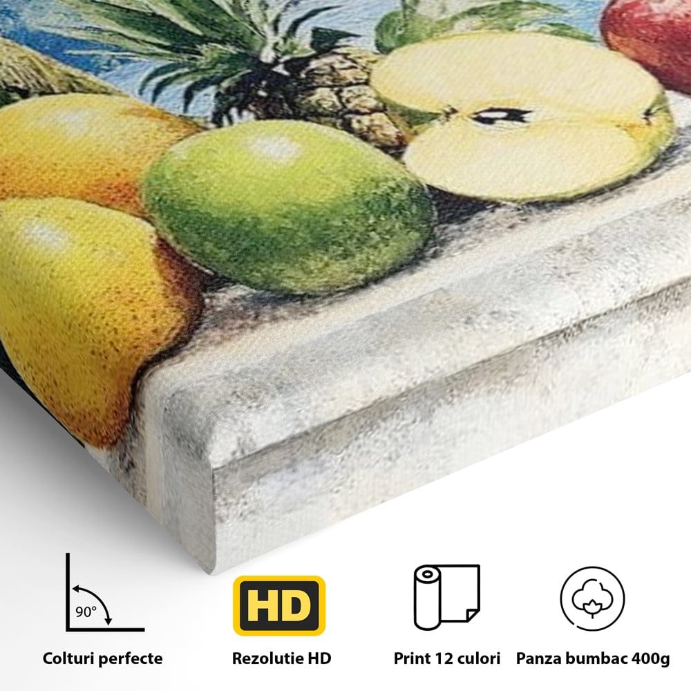 Leinwand Premium Canvas Wall Art, LuxCanva® N1146, Von den Früchten, Apfel, Mango, Ananas, Obst, frisch, tropisch, Palme, Ozean, Urlaub, köstlich, Kneipe, Bar, Lounge, Restaurant, Küche