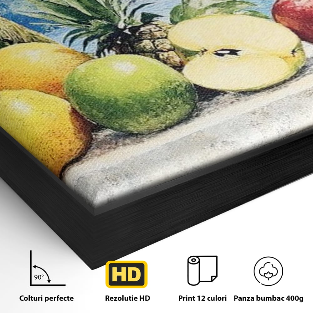Leinwand Premium Canvas Wall Art, LuxCanva® N1146, Von den Früchten, Apfel, Mango, Ananas, Obst, frisch, tropisch, Palme, Ozean, Urlaub, köstlich, Kneipe, Bar, Lounge, Restaurant, Küche