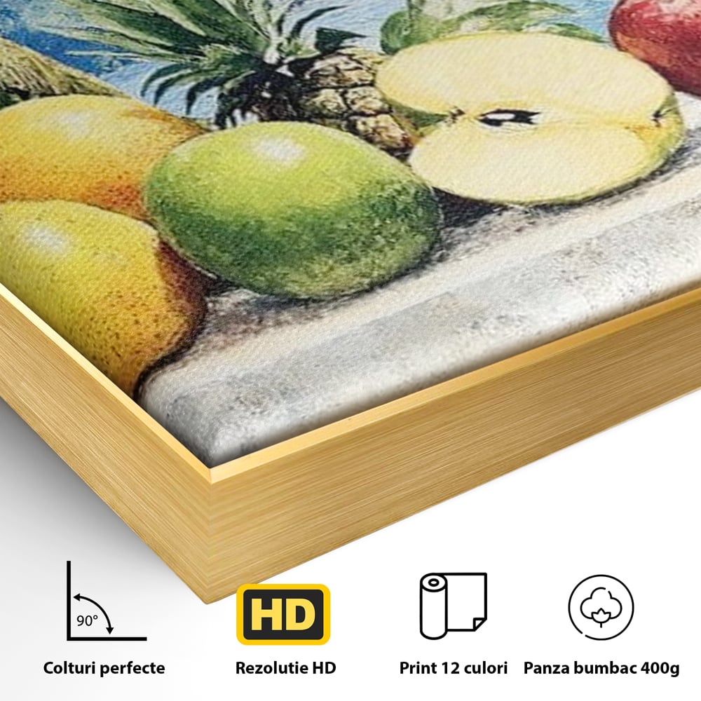 Leinwand Premium Canvas Wall Art, LuxCanva® N1146, Von den Früchten, Apfel, Mango, Ananas, Obst, frisch, tropisch, Palme, Ozean, Urlaub, köstlich, Kneipe, Bar, Lounge, Restaurant, Küche