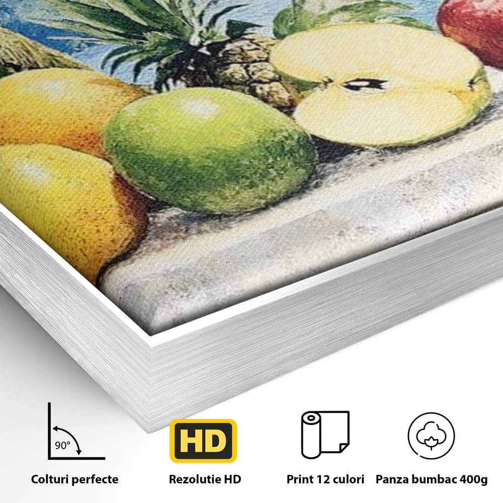 Leinwand Premium Canvas Wall Art, LuxCanva® N1146, Von den Früchten, Apfel, Mango, Ananas, Obst, frisch, tropisch, Palme, Ozean, Urlaub, köstlich, Kneipe, Bar, Lounge, Restaurant, Küche