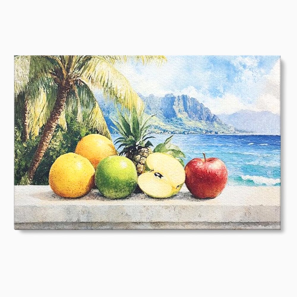 Leinwand Premium Canvas Wall Art, LuxCanva® N1146, Von den Früchten, Apfel, Mango, Ananas, Obst, frisch, tropisch, Palme, Ozean, Urlaub, köstlich, Kneipe, Bar, Lounge, Restaurant, Küche