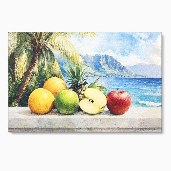 Leinwand Premium Canvas Wall Art, LuxCanva® N1146, Von den Früchten, Apfel, Mango, Ananas, Obst, frisch, tropisch, Palme, Ozean, Urlaub, köstlich, Kneipe, Bar, Lounge, Restaurant, Küche