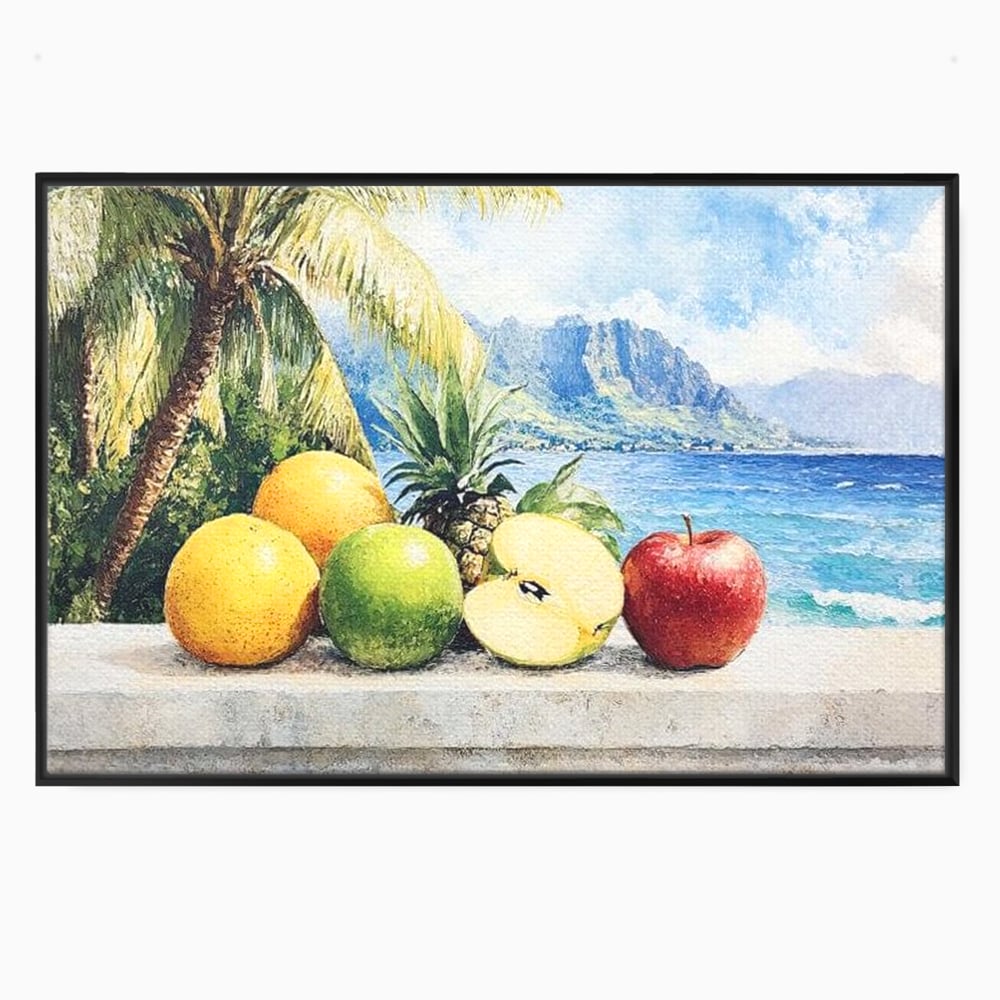 Leinwand Premium Canvas Wall Art, LuxCanva® N1146, Von den Früchten, Apfel, Mango, Ananas, Obst, frisch, tropisch, Palme, Ozean, Urlaub, köstlich, Kneipe, Bar, Lounge, Restaurant, Küche
