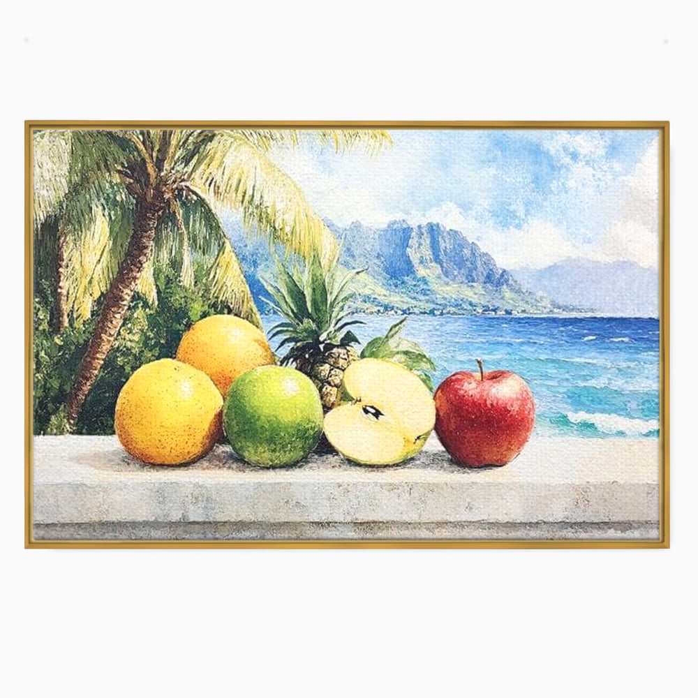 Leinwand Premium Canvas Wall Art, LuxCanva® N1146, Von den Früchten, Apfel, Mango, Ananas, Obst, frisch, tropisch, Palme, Ozean, Urlaub, köstlich, Kneipe, Bar, Lounge, Restaurant, Küche