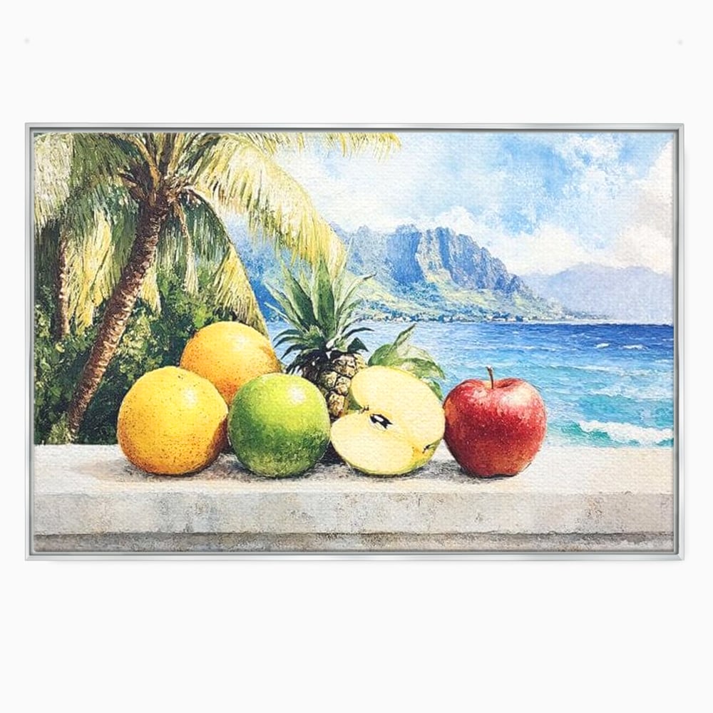 Leinwand Premium Canvas Wall Art, LuxCanva® N1146, Von den Früchten, Apfel, Mango, Ananas, Obst, frisch, tropisch, Palme, Ozean, Urlaub, köstlich, Kneipe, Bar, Lounge, Restaurant, Küche