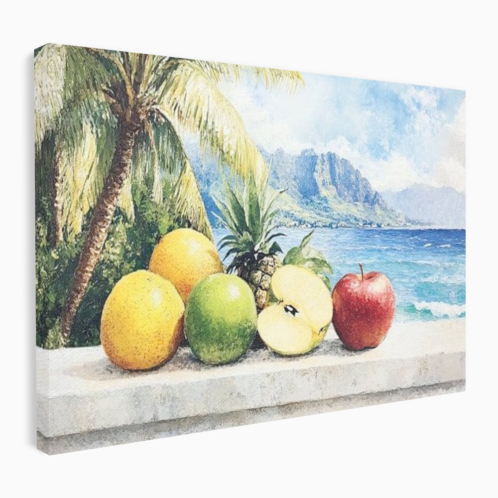 Leinwand Premium Canvas Wall Art, LuxCanva® N1146, Von den Früchten, Apfel, Mango, Ananas, Obst, frisch, tropisch, Palme, Ozean, Urlaub, köstlich, Kneipe, Bar, Lounge, Restaurant, Küche