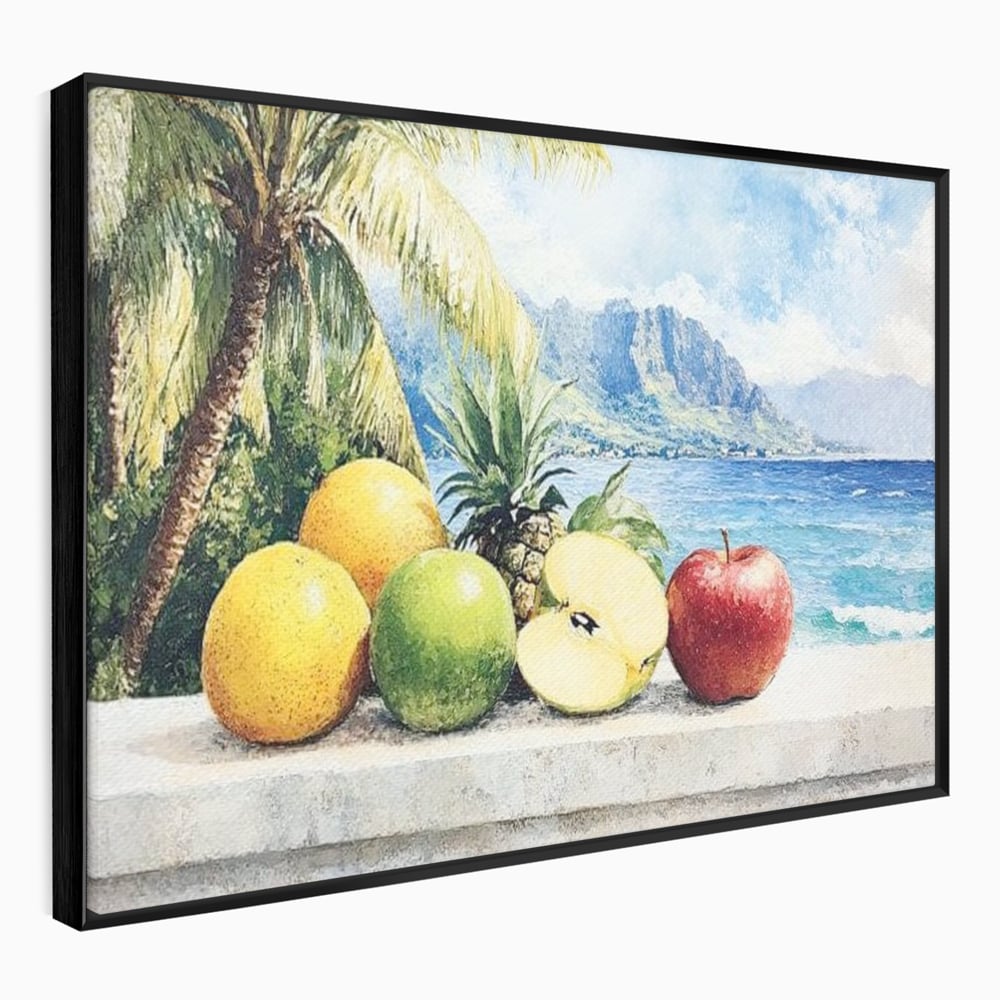 Leinwand Premium Canvas Wall Art, LuxCanva® N1146, Von den Früchten, Apfel, Mango, Ananas, Obst, frisch, tropisch, Palme, Ozean, Urlaub, köstlich, Kneipe, Bar, Lounge, Restaurant, Küche