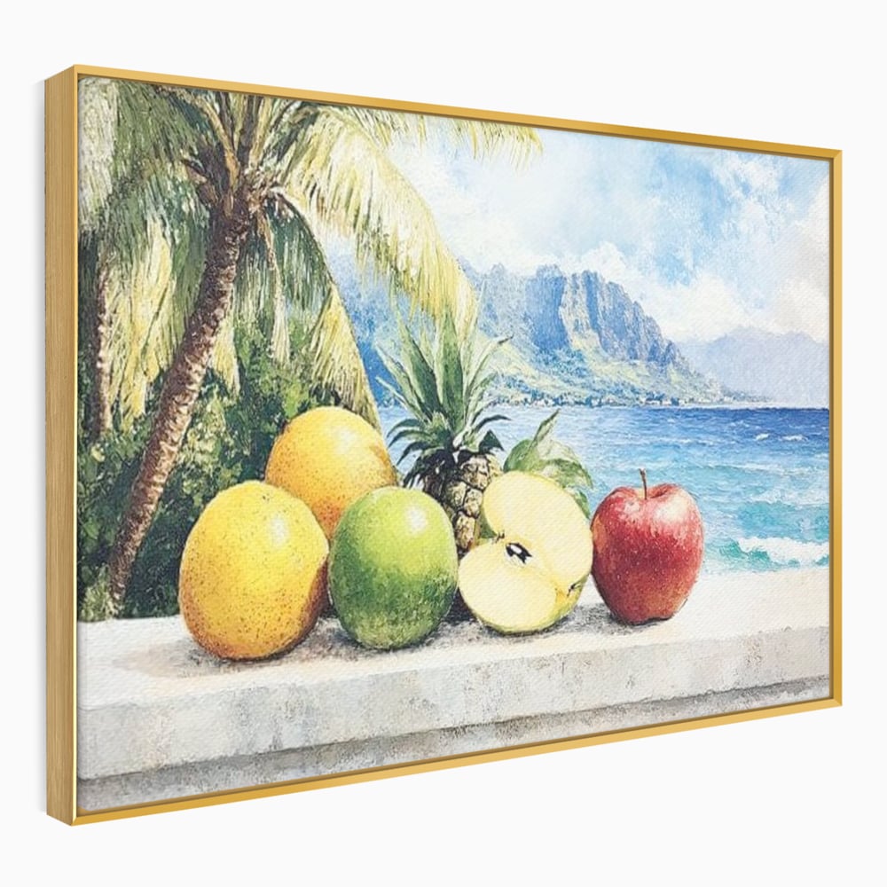 Leinwand Premium Canvas Wall Art, LuxCanva® N1146, Von den Früchten, Apfel, Mango, Ananas, Obst, frisch, tropisch, Palme, Ozean, Urlaub, köstlich, Kneipe, Bar, Lounge, Restaurant, Küche
