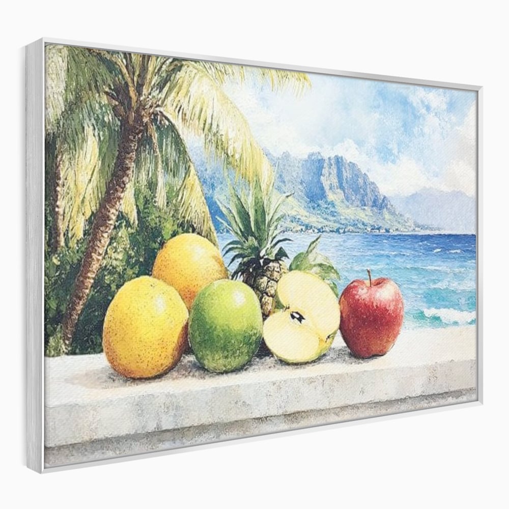 Leinwand Premium Canvas Wall Art, LuxCanva® N1146, Von den Früchten, Apfel, Mango, Ananas, Obst, frisch, tropisch, Palme, Ozean, Urlaub, köstlich, Kneipe, Bar, Lounge, Restaurant, Küche