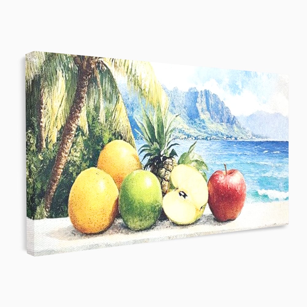 Leinwand Premium Canvas Wall Art, LuxCanva® N1146, Von den Früchten, Apfel, Mango, Ananas, Obst, frisch, tropisch, Palme, Ozean, Urlaub, köstlich, Kneipe, Bar, Lounge, Restaurant, Küche