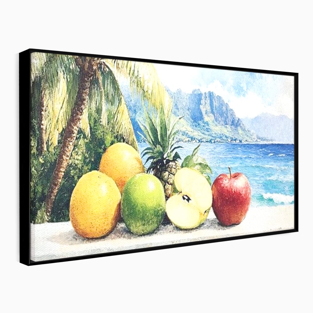 Leinwand Premium Canvas Wall Art, LuxCanva® N1146, Von den Früchten, Apfel, Mango, Ananas, Obst, frisch, tropisch, Palme, Ozean, Urlaub, köstlich, Kneipe, Bar, Lounge, Restaurant, Küche