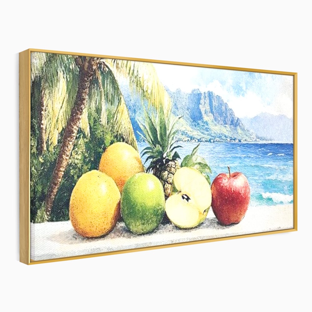 Leinwand Premium Canvas Wall Art, LuxCanva® N1146, Von den Früchten, Apfel, Mango, Ananas, Obst, frisch, tropisch, Palme, Ozean, Urlaub, köstlich, Kneipe, Bar, Lounge, Restaurant, Küche
