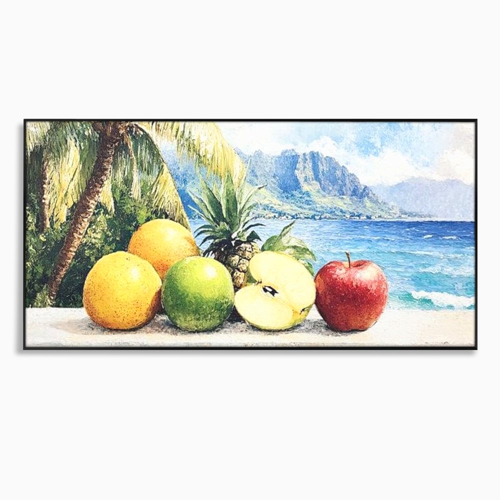 Leinwand Premium Canvas Wall Art, LuxCanva® N1146, Von den Früchten, Apfel, Mango, Ananas, Obst, frisch, tropisch, Palme, Ozean, Urlaub, köstlich, Kneipe, Bar, Lounge, Restaurant, Küche