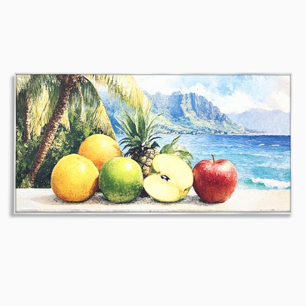 Leinwand Premium Canvas Wall Art, LuxCanva® N1146, Von den Früchten, Apfel, Mango, Ananas, Obst, frisch, tropisch, Palme, Ozean, Urlaub, köstlich, Kneipe, Bar, Lounge, Restaurant, Küche