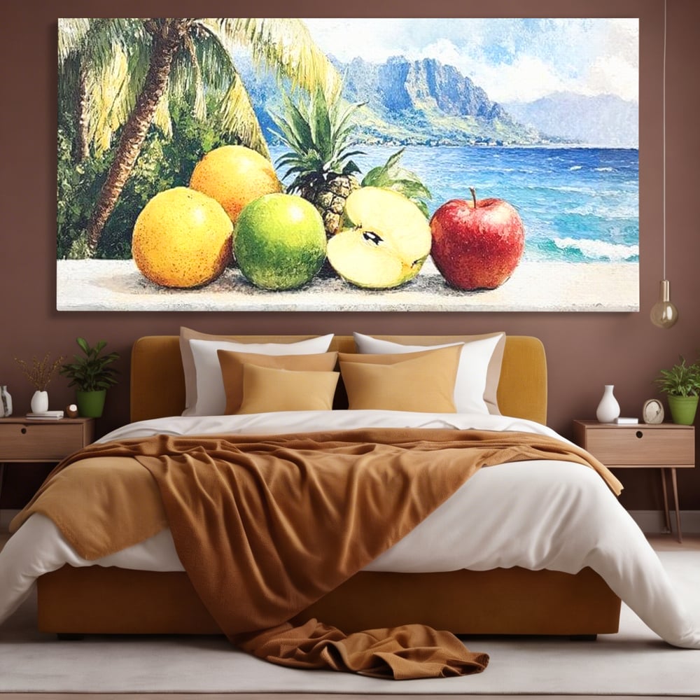 Leinwand Premium Canvas Wall Art, LuxCanva® N1146, Von den Früchten, Apfel, Mango, Ananas, Obst, frisch, tropisch, Palme, Ozean, Urlaub, köstlich, Kneipe, Bar, Lounge, Restaurant, Küche
