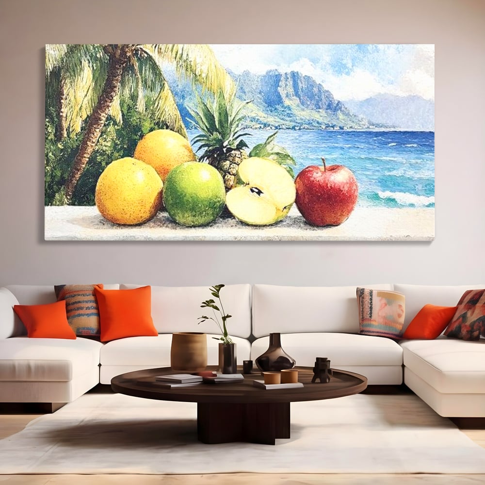 Leinwand Premium Canvas Wall Art, LuxCanva® N1146, Von den Früchten, Apfel, Mango, Ananas, Obst, frisch, tropisch, Palme, Ozean, Urlaub, köstlich, Kneipe, Bar, Lounge, Restaurant, Küche