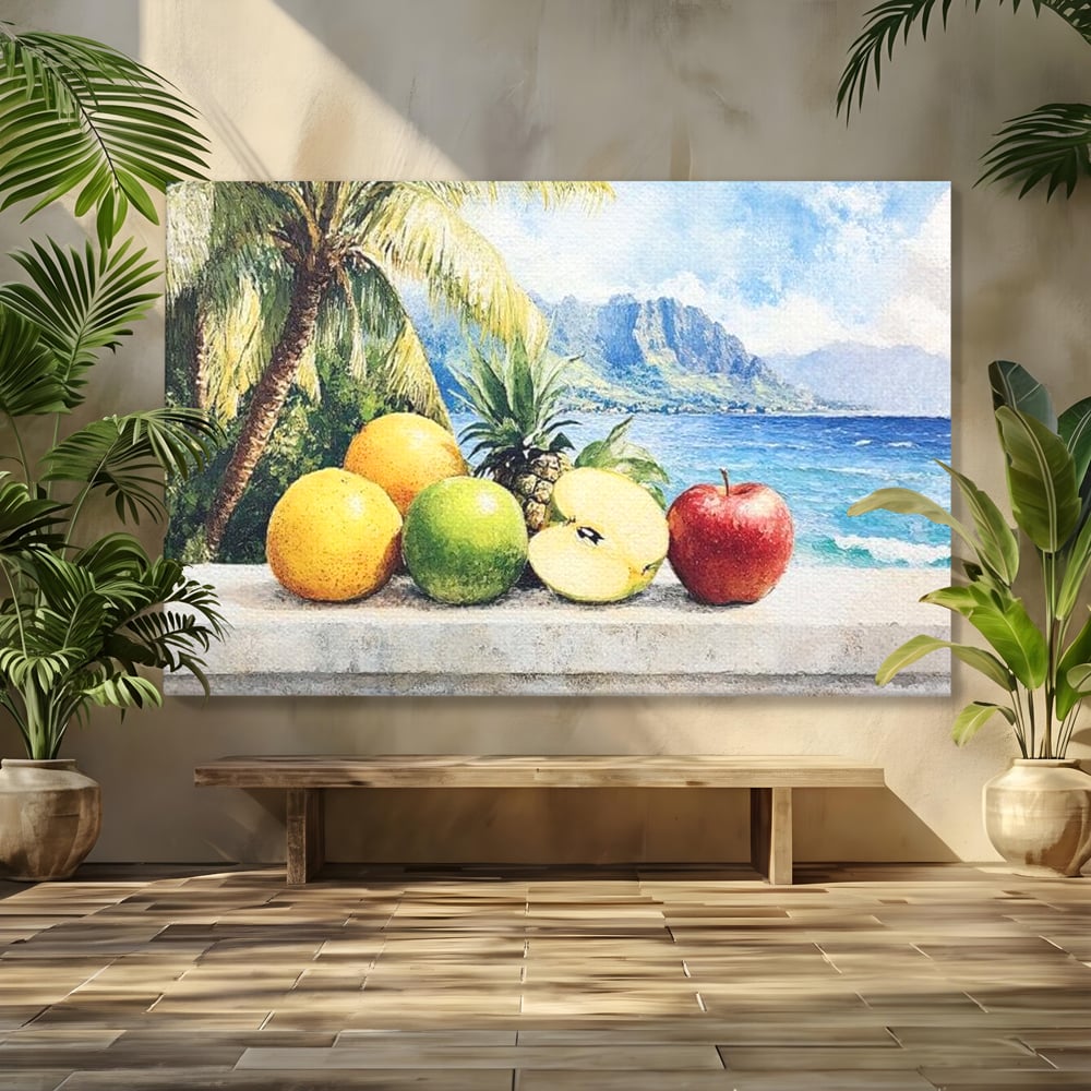 Leinwand Premium Canvas Wall Art, LuxCanva® N1146, Von den Früchten, Apfel, Mango, Ananas, Obst, frisch, tropisch, Palme, Ozean, Urlaub, köstlich, Kneipe, Bar, Lounge, Restaurant, Küche