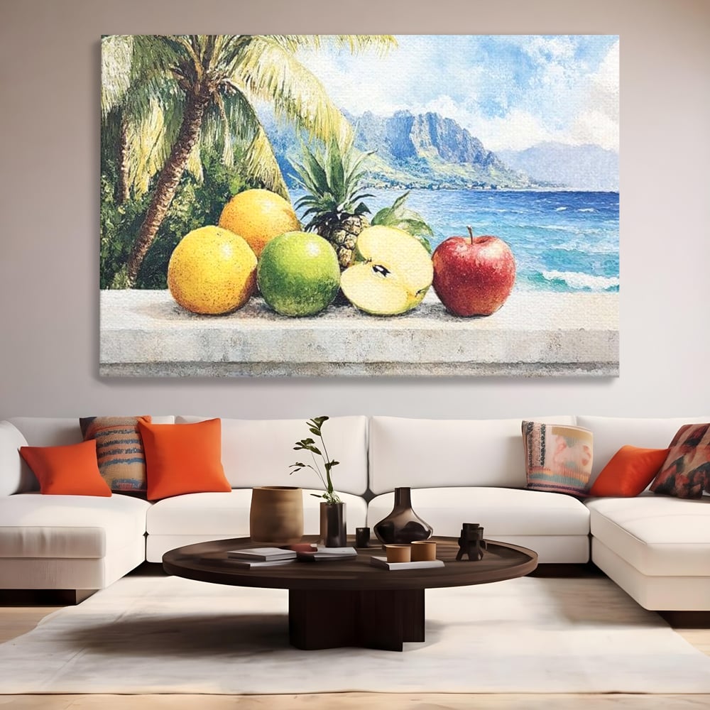 Leinwand Premium Canvas Wall Art, LuxCanva® N1146, Von den Früchten, Apfel, Mango, Ananas, Obst, frisch, tropisch, Palme, Ozean, Urlaub, köstlich, Kneipe, Bar, Lounge, Restaurant, Küche