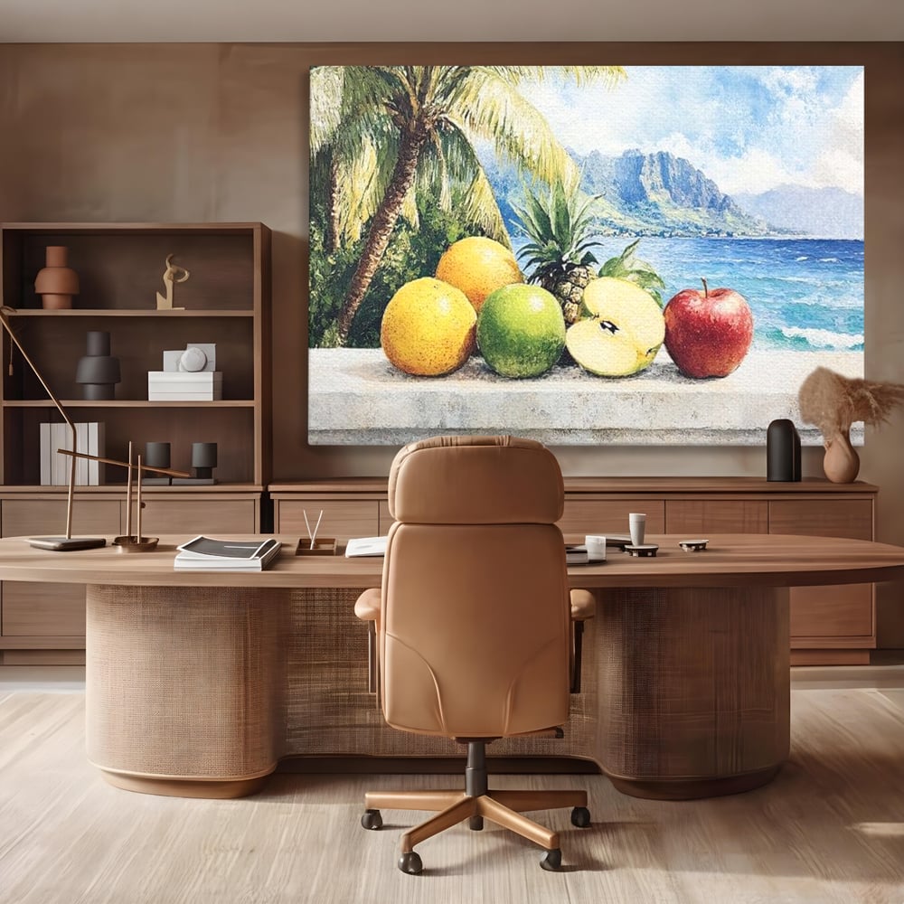 Leinwand Premium Canvas Wall Art, LuxCanva® N1146, Von den Früchten, Apfel, Mango, Ananas, Obst, frisch, tropisch, Palme, Ozean, Urlaub, köstlich, Kneipe, Bar, Lounge, Restaurant, Küche