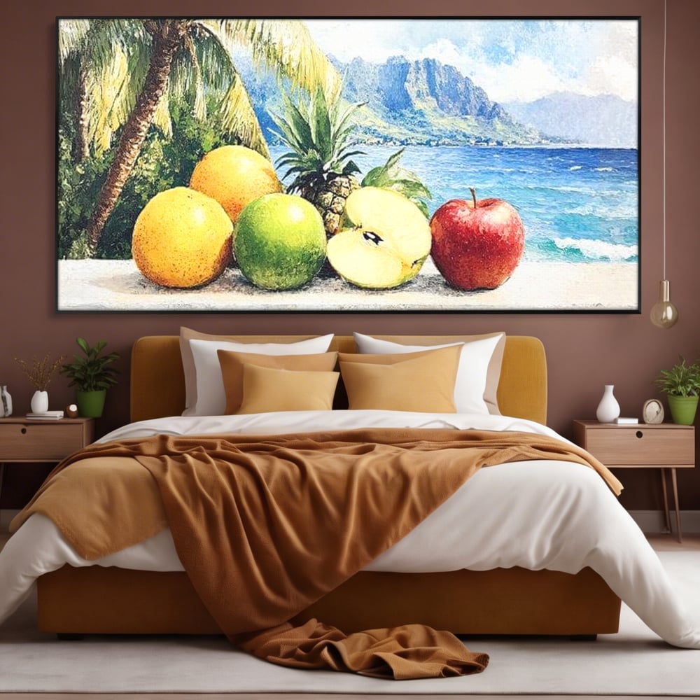 Leinwand Premium Canvas Wall Art, LuxCanva® N1146, Von den Früchten, Apfel, Mango, Ananas, Obst, frisch, tropisch, Palme, Ozean, Urlaub, köstlich, Kneipe, Bar, Lounge, Restaurant, Küche