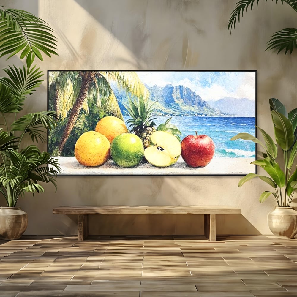 Leinwand Premium Canvas Wall Art, LuxCanva® N1146, Von den Früchten, Apfel, Mango, Ananas, Obst, frisch, tropisch, Palme, Ozean, Urlaub, köstlich, Kneipe, Bar, Lounge, Restaurant, Küche