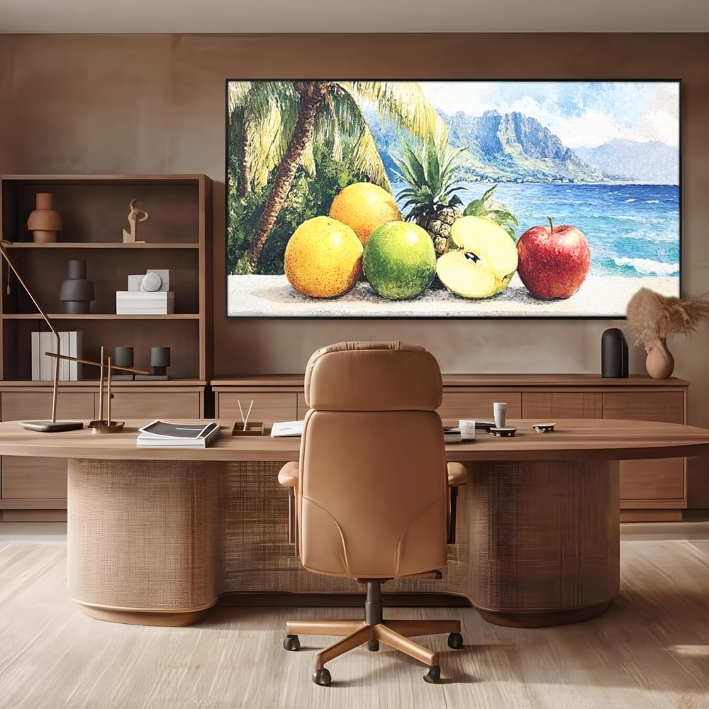 Leinwand Premium Canvas Wall Art, LuxCanva® N1146, Von den Früchten, Apfel, Mango, Ananas, Obst, frisch, tropisch, Palme, Ozean, Urlaub, köstlich, Kneipe, Bar, Lounge, Restaurant, Küche