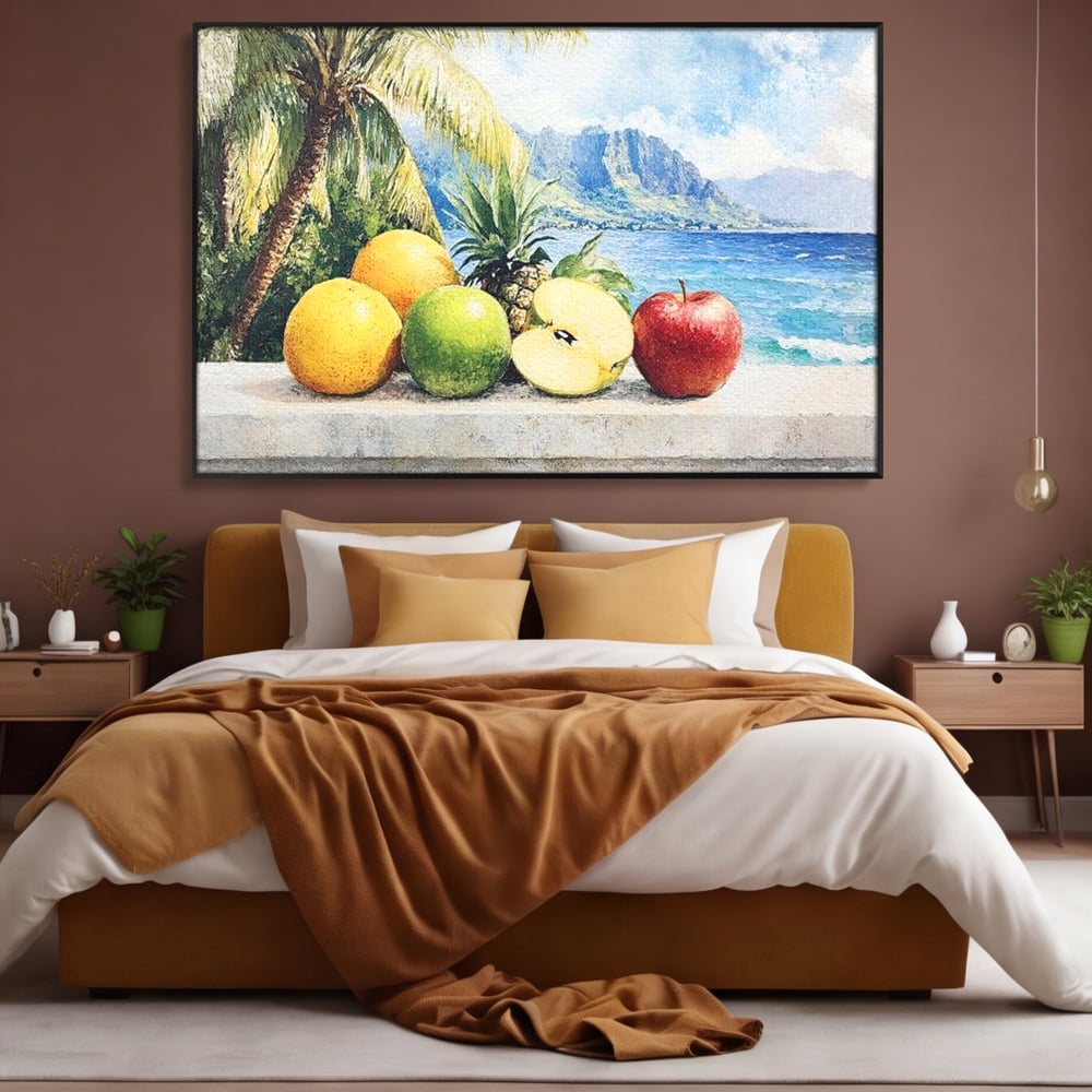 Leinwand Premium Canvas Wall Art, LuxCanva® N1146, Von den Früchten, Apfel, Mango, Ananas, Obst, frisch, tropisch, Palme, Ozean, Urlaub, köstlich, Kneipe, Bar, Lounge, Restaurant, Küche