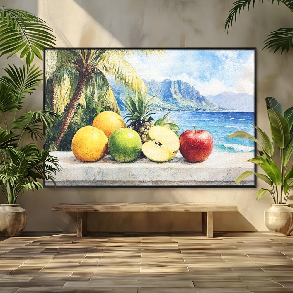 Leinwand Premium Canvas Wall Art, LuxCanva® N1146, Von den Früchten, Apfel, Mango, Ananas, Obst, frisch, tropisch, Palme, Ozean, Urlaub, köstlich, Kneipe, Bar, Lounge, Restaurant, Küche