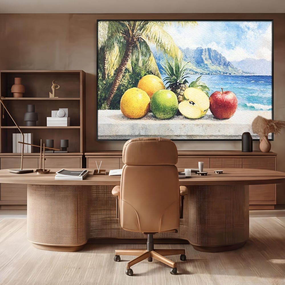 Leinwand Premium Canvas Wall Art, LuxCanva® N1146, Von den Früchten, Apfel, Mango, Ananas, Obst, frisch, tropisch, Palme, Ozean, Urlaub, köstlich, Kneipe, Bar, Lounge, Restaurant, Küche