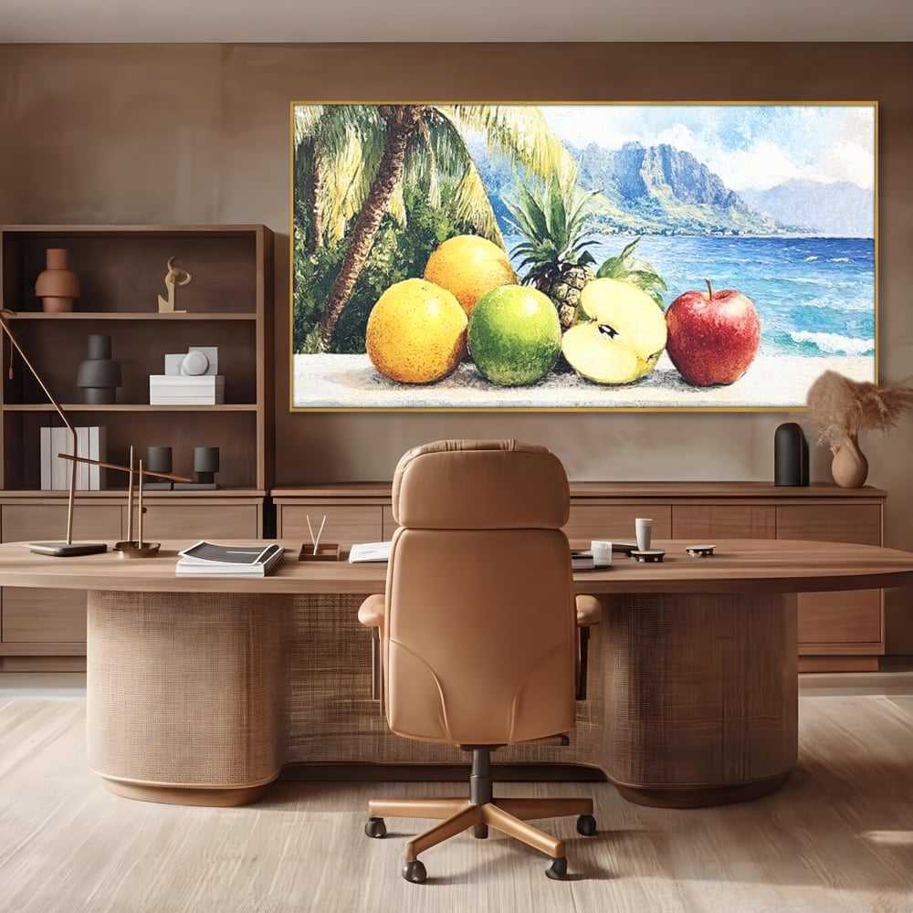 Leinwand Premium Canvas Wall Art, LuxCanva® N1146, Von den Früchten, Apfel, Mango, Ananas, Obst, frisch, tropisch, Palme, Ozean, Urlaub, köstlich, Kneipe, Bar, Lounge, Restaurant, Küche