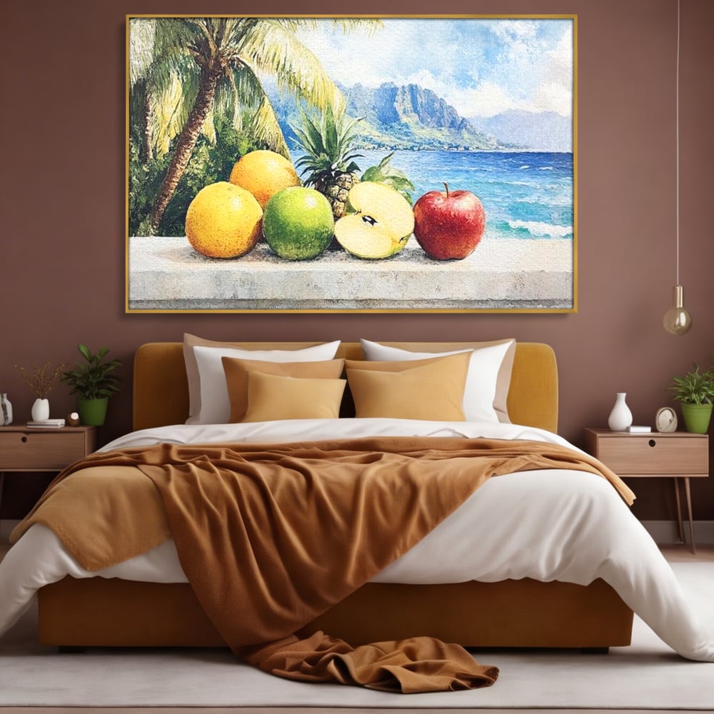 Leinwand Premium Canvas Wall Art, LuxCanva® N1146, Von den Früchten, Apfel, Mango, Ananas, Obst, frisch, tropisch, Palme, Ozean, Urlaub, köstlich, Kneipe, Bar, Lounge, Restaurant, Küche