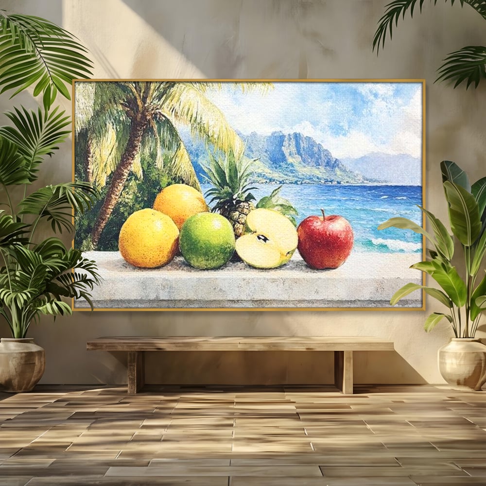 Leinwand Premium Canvas Wall Art, LuxCanva® N1146, Von den Früchten, Apfel, Mango, Ananas, Obst, frisch, tropisch, Palme, Ozean, Urlaub, köstlich, Kneipe, Bar, Lounge, Restaurant, Küche