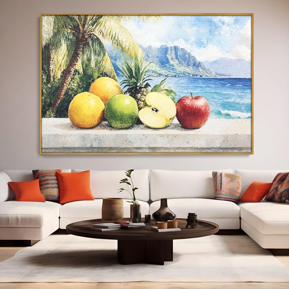 Leinwand Premium Canvas Wall Art, LuxCanva® N1146, Von den Früchten, Apfel, Mango, Ananas, Obst, frisch, tropisch, Palme, Ozean, Urlaub, köstlich, Kneipe, Bar, Lounge, Restaurant, Küche