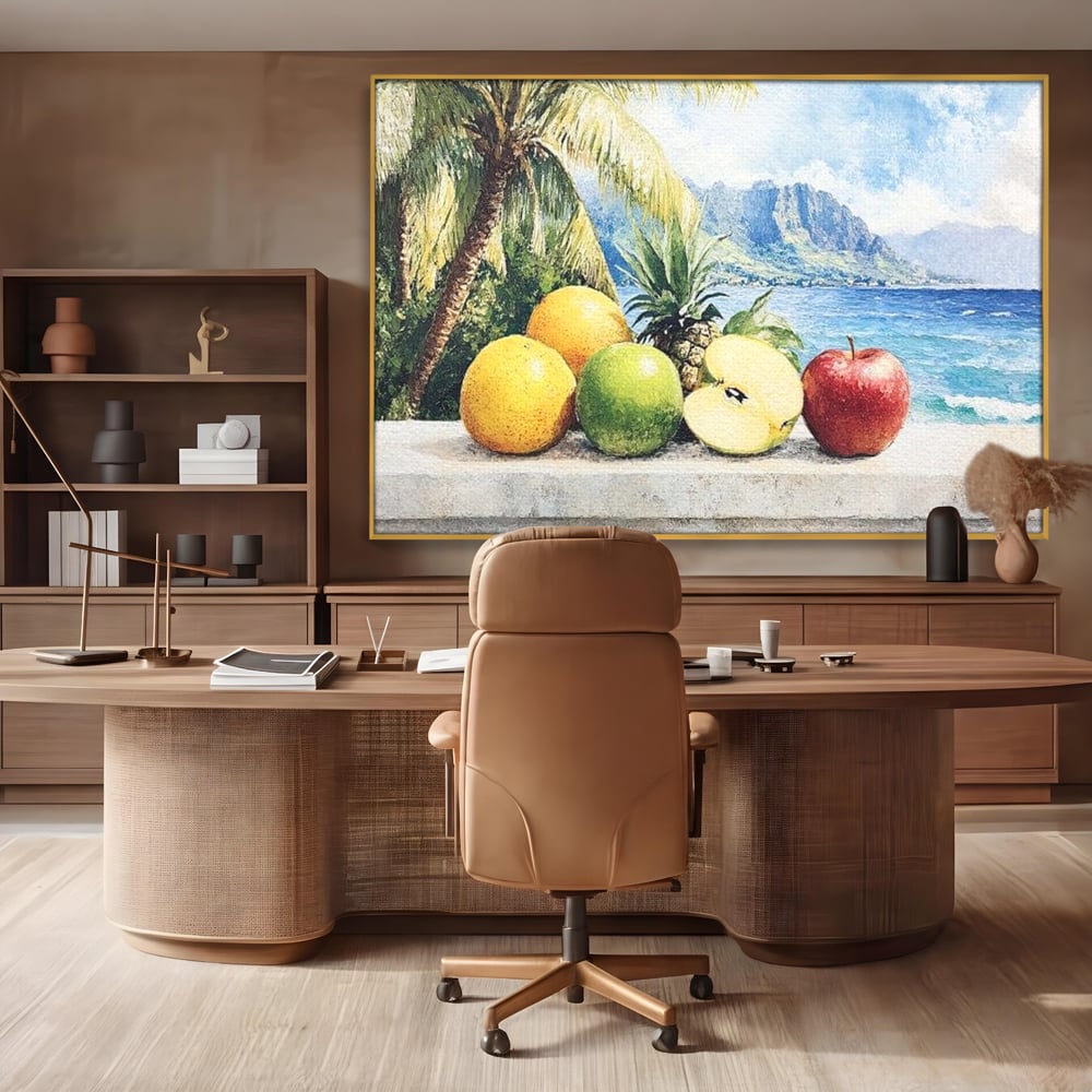 Leinwand Premium Canvas Wall Art, LuxCanva® N1146, Von den Früchten, Apfel, Mango, Ananas, Obst, frisch, tropisch, Palme, Ozean, Urlaub, köstlich, Kneipe, Bar, Lounge, Restaurant, Küche