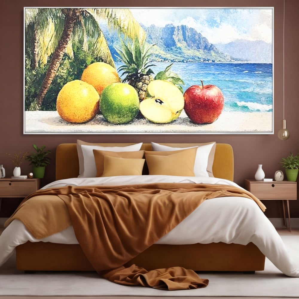 Leinwand Premium Canvas Wall Art, LuxCanva® N1146, Von den Früchten, Apfel, Mango, Ananas, Obst, frisch, tropisch, Palme, Ozean, Urlaub, köstlich, Kneipe, Bar, Lounge, Restaurant, Küche