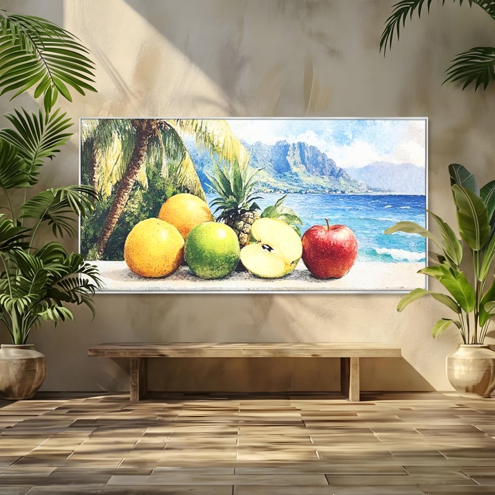 Leinwand Premium Canvas Wall Art, LuxCanva® N1146, Von den Früchten, Apfel, Mango, Ananas, Obst, frisch, tropisch, Palme, Ozean, Urlaub, köstlich, Kneipe, Bar, Lounge, Restaurant, Küche