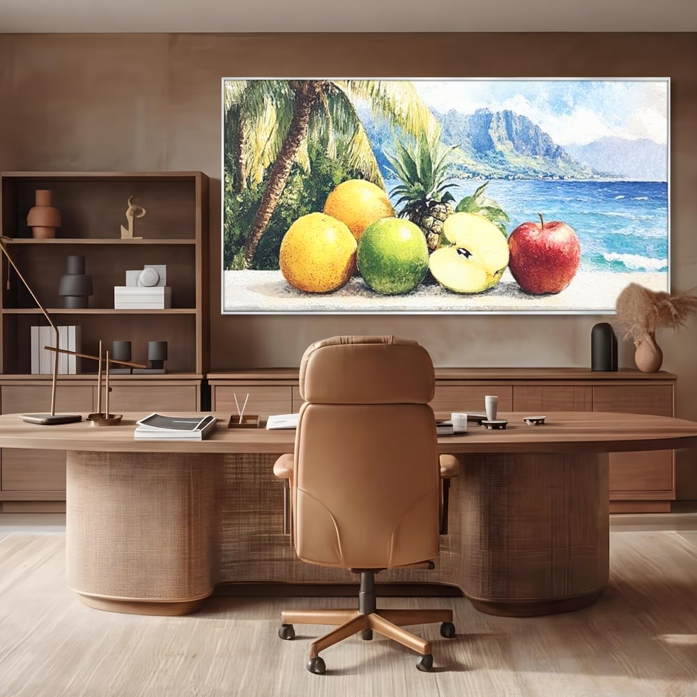 Leinwand Premium Canvas Wall Art, LuxCanva® N1146, Von den Früchten, Apfel, Mango, Ananas, Obst, frisch, tropisch, Palme, Ozean, Urlaub, köstlich, Kneipe, Bar, Lounge, Restaurant, Küche